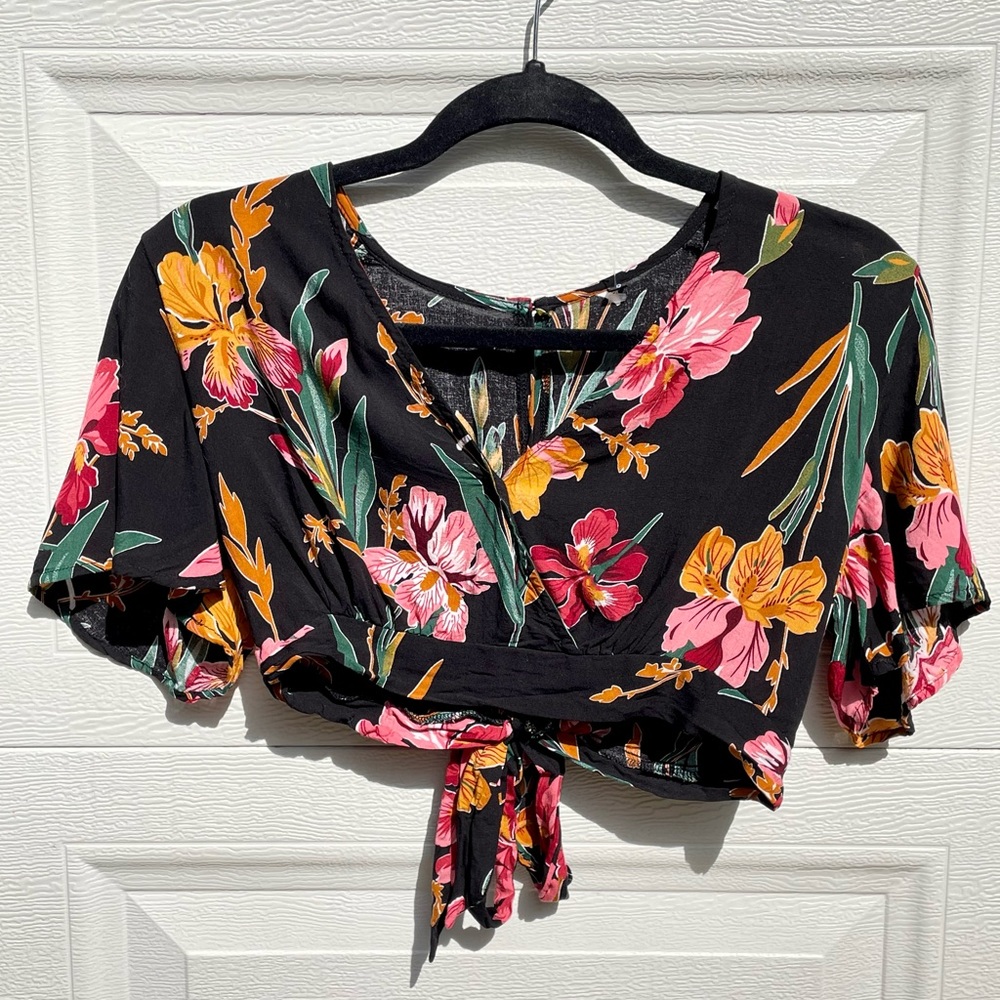 SMALL Floral crop top ties and buttons in back  colorful flowers on black
